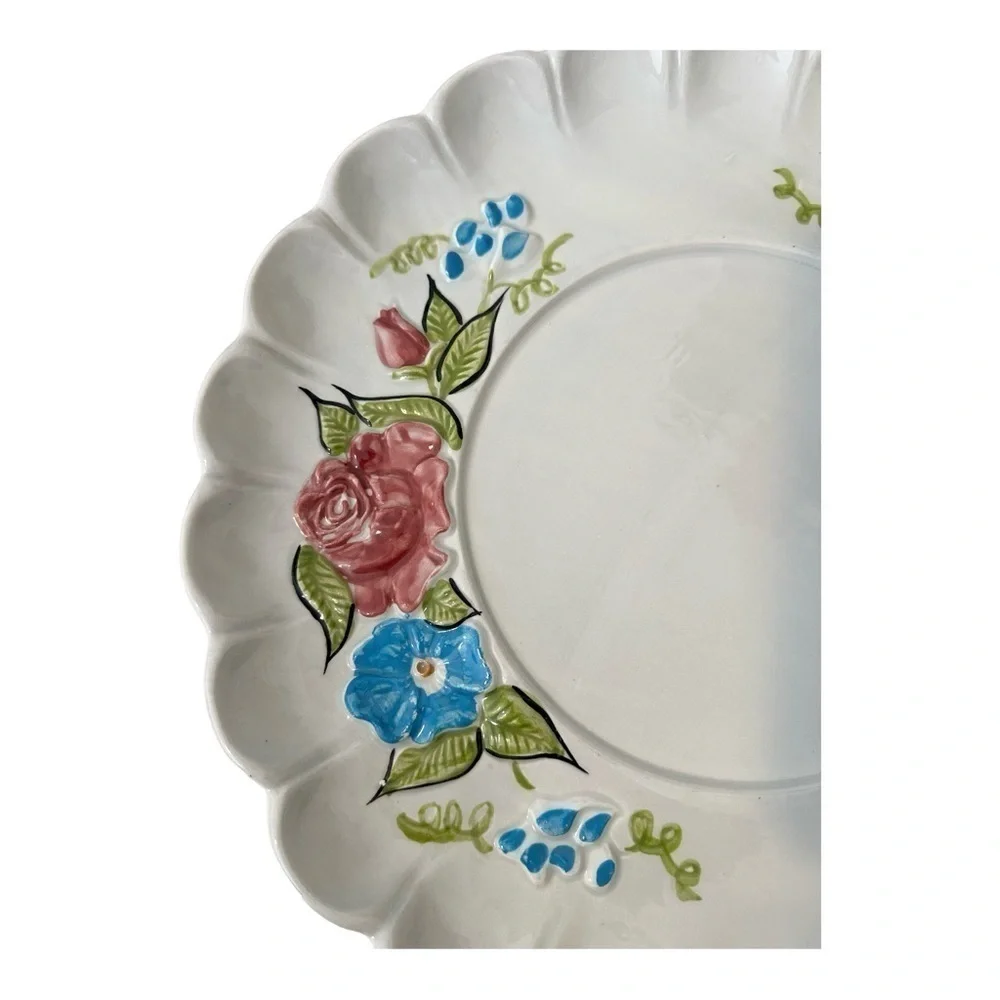 Vintage Ceramic California Floral Pink Rose Platter 13 Inches Scalloped Edges